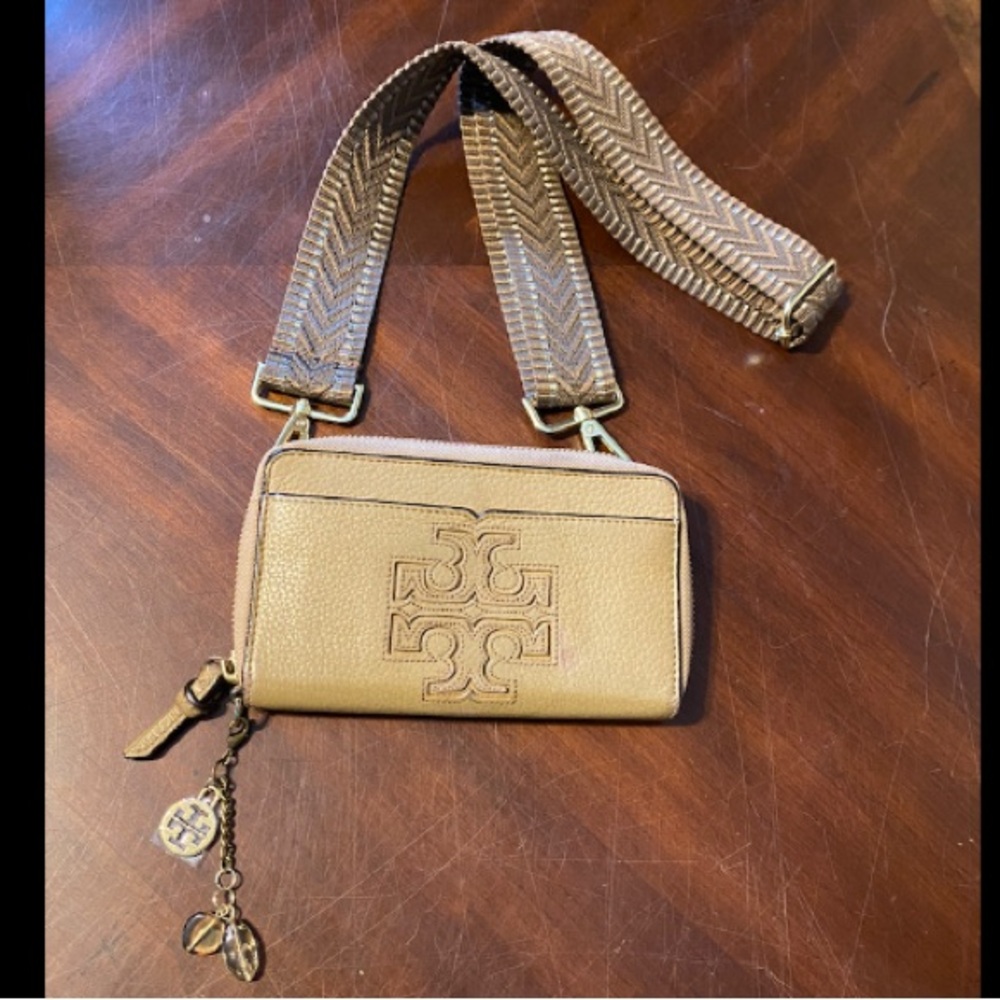 Tory Burch Beige Tan Leather Crossbody with Patterned Strap and Charm